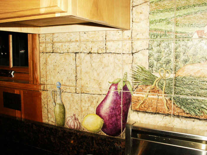 DiPace Kitchen Toscana Vista faux painted left panel, eggplant, garlic, lemon, bottle of olive oil. Artist Julia Sweda.