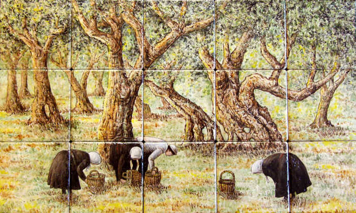 Hanans Mediterranean Olive Harvest tile mural, workers gathering, harvesting olives from ancient trees. Artist Julia Sweda.