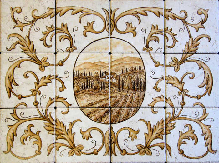 Ornamental Italian Scrollwork tile mural, sepia toned cartouche, scrollwork with Tuscany homes and scenery in oval insert.