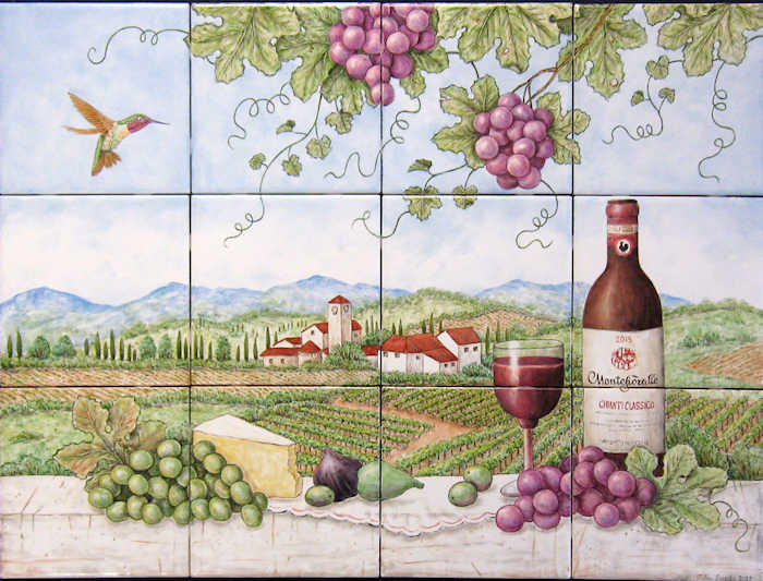 Darla's Montefioralle Chianti Classico, produce, wine and cheese, local homes, winery, vineyards with grape vines bearing red grapes, rolling blue hills landscape of Tuscany. Painted tile mural by Julia Sweda.