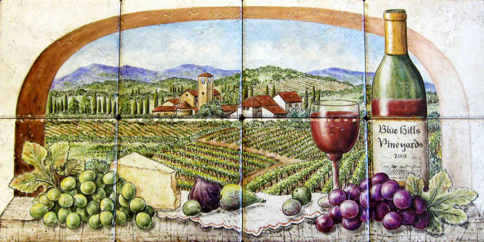 Various scenes of the Tuscany region with its vineyards, winery, wine and cheese, produce, blue hills scenery.