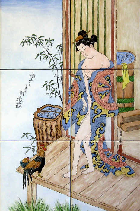Beauty After Bath by Okumura Masanobu, rooster is captivated and mesmerized by beautiful young woman. Bijin-ga tile mural by Julia Sweda.