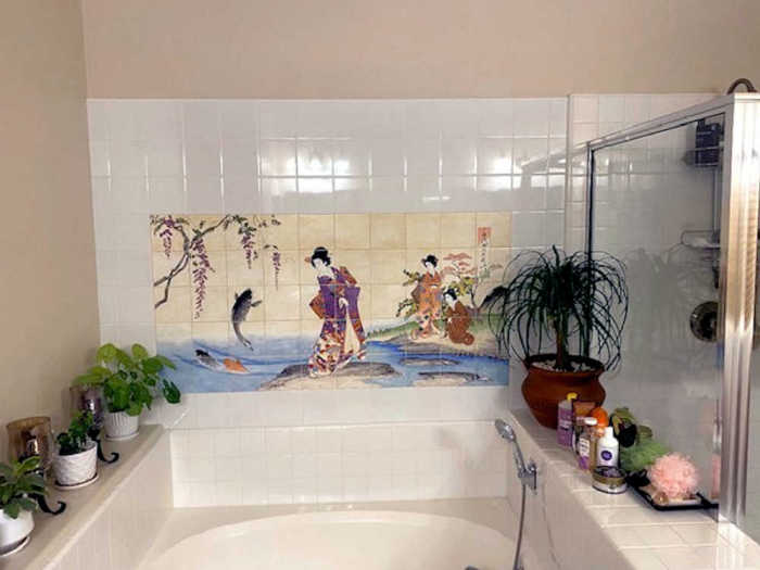 Chikanobu Chiyoda Palace tile mural installed in a bathroom. Artist Julia Sweda.