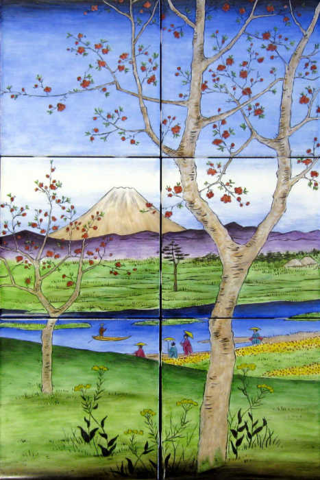 Utagawa Hiroshige Koshigaya in Musashi Province, Musashi Koshigaya zai. Based on the series Thirty-six Views of Mount Fuji. Painted tile mural by Julia Sweda.