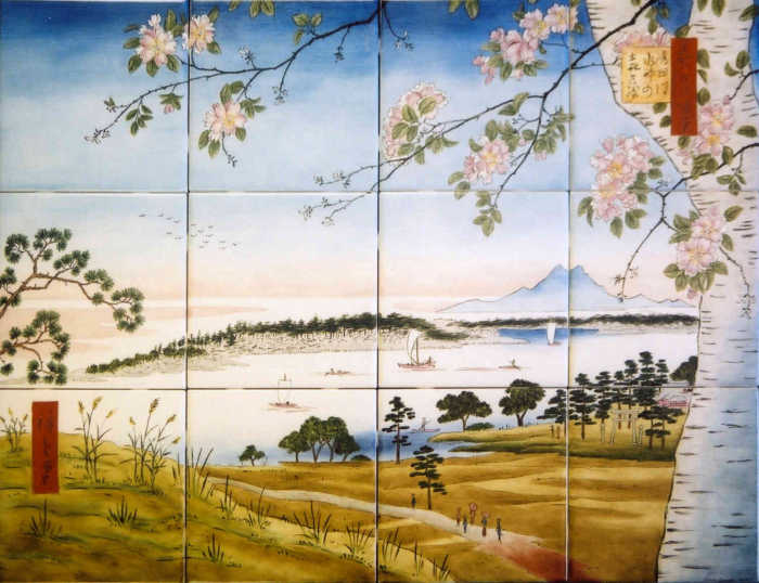 Utagawa Hiroshige Suijin Shrine and Massaki on the Sumida River in modified, horizontal view. Ukiyoe painted tile mural by Julia Sweda.