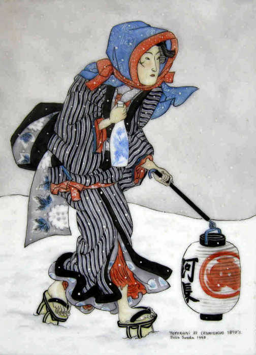 Heavy Snow at Years End from Utagawa Kunisada, Seibo no Miyuki triptych left panel. Woodblock print stained glass painting by Julia Sweda.