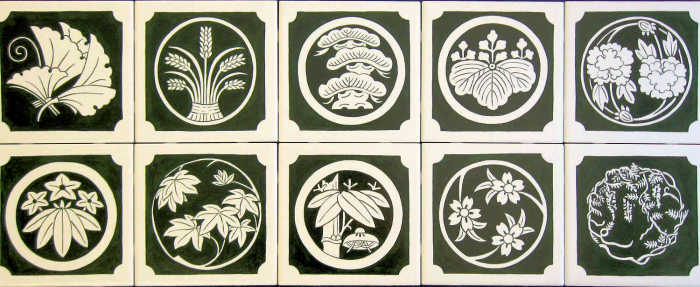 Yukos Zen Garden Kamon Tiles, emblem accent tiles with various designs pertaining to the family history. Painted tile art by Julia Sweda.
