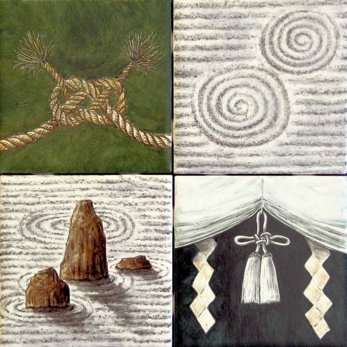 Yukos Zen Garden Accent Tiles feature rope sacred knot, whirlpools, islands and paper chain sacred knot. Painted tile art by Julia Sweda.