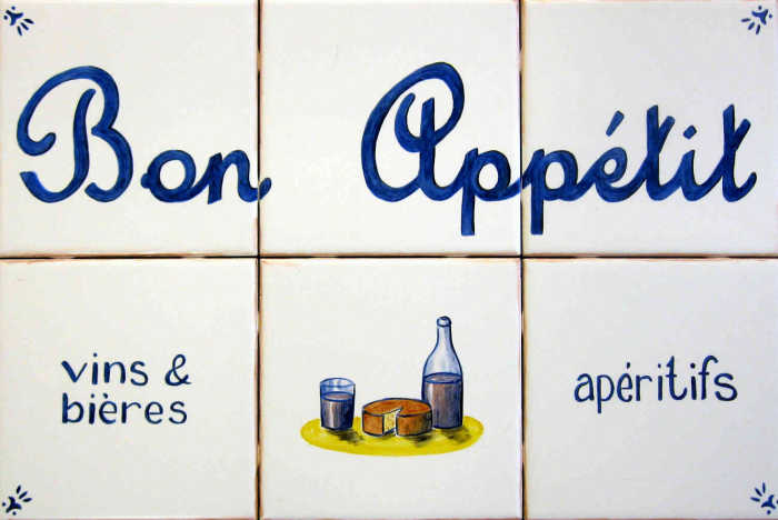Vin Biere Aperitif tile mural with decorative Bon Appetit inscription kitchen saying.