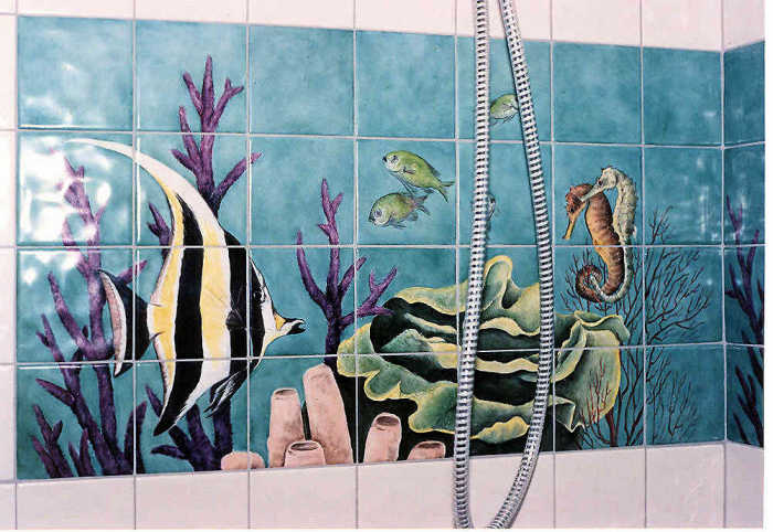 Seahorses closeup on left wall. Artist Julia Sweda.