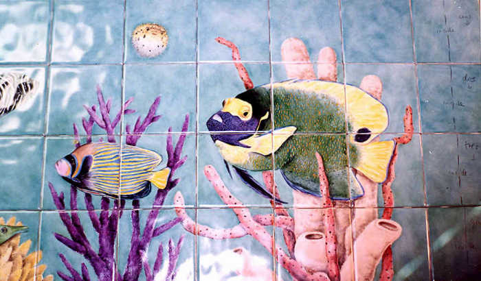 Coral Reef bathroom wall tile mural. Fish and marine life of a coral reef habitat.