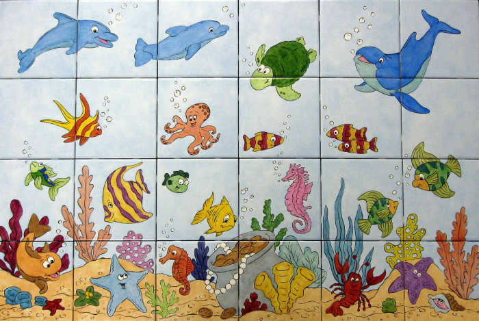 Variety of happy, whimsical sea creatures in an underwater scene for childrens bathroom tile mural.