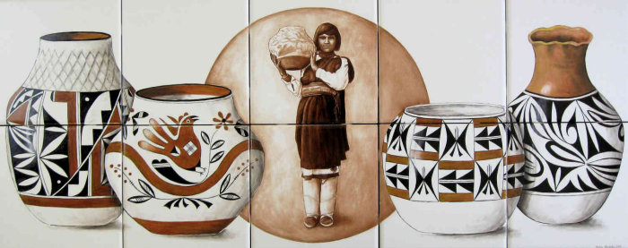 Portrait of bygone era Acoma Pueblo woman with pieces of her exquisite vintage pottery.