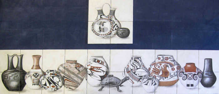 Annes Southwestern Pueblo Mata Ortiz Pottery Wet Bar Tile Art Mural, view of the main backsplash and four tile panel. Painted tile mural by artist Julia Sweda.