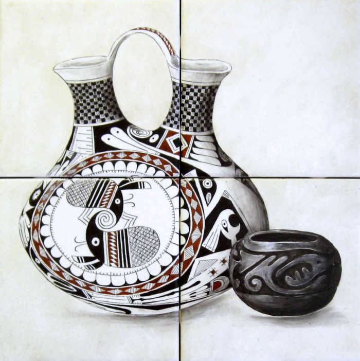 Annes Southwestern Pueblo Mata Ortiz Pottery Four Tile Panel, wedding vase and small Santa Clara black on black pot. Painted tile art by Julia Sweda.