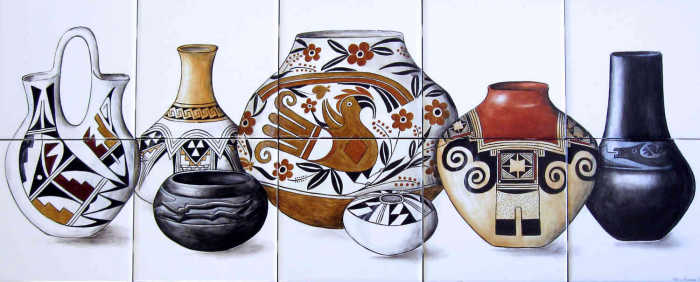 Julias Southwestern Pueblo Indian Pottery Designs, Styles. Depictions of Arizona, New Mexico tribal pottery pieces. Painted tile art mural by Julia Sweda.