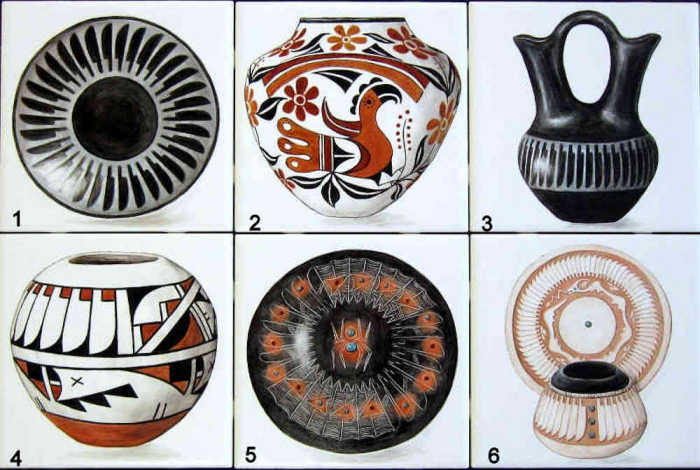 Paulins Pueblo Pottery Collection Closeup 1. Pieces from potter artists Maria Martinez and Popovi Da, Teresa Salvador, Maria Martinez and Santana Martinez, Eric Fender, Barbara Gonzales, John Gonzales. Artist Julia Sweda.