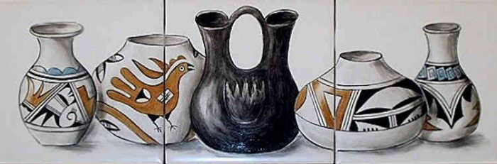 Peggys Pueblo Indian Pottery Designs Styles Tile Art Mural. Ollas, wedding vase painted in turquoise blue, red, black and white color scheme by artist Julia Sweda.