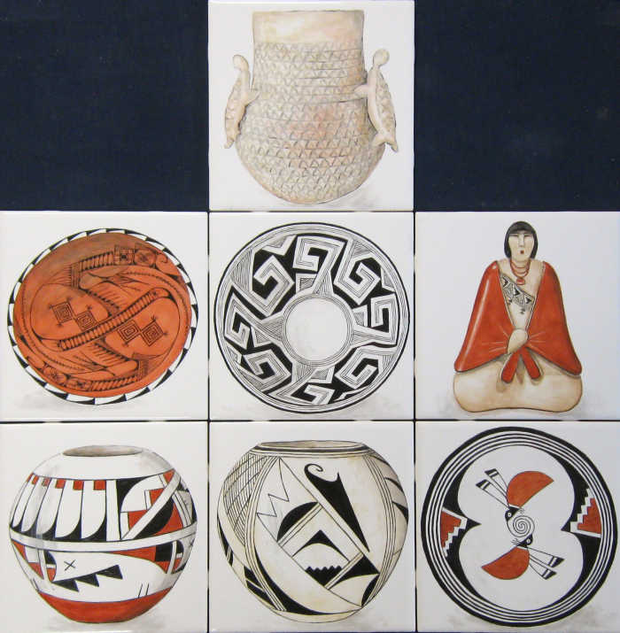 Southwestern Pueblo pottery painted tiles, Group 1, are based on Acoma, Hopi, Mimbres, Jemez designs and symbols. By tile artist Julia Sweda.
