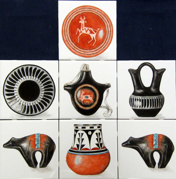 Southwestern Pueblo pottery painted tiles, Group 2, are based on San Ildefonso designs. By tile artist Julia Sweda.