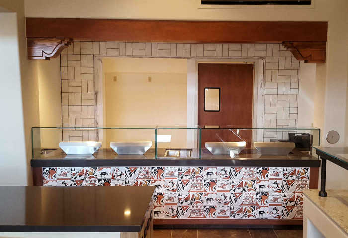 Tamaya Resort Santa Ana Pueblo, New Mexico. Installation of tiles at buffet counter area.