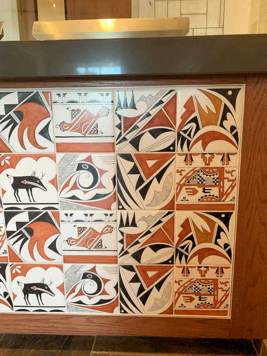 Tamaya Resort Santa Ana Pueblo, New Mexico. Closeup of installed tiles on face of bar counter.