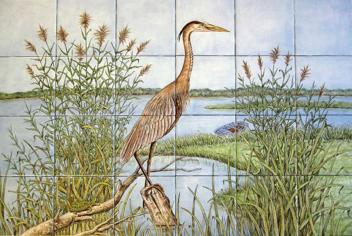 Great Blue Heron in Heron Cove, Old Lyme Connecticut River vicinity. Tile art mural portrait by Julia Sweda.