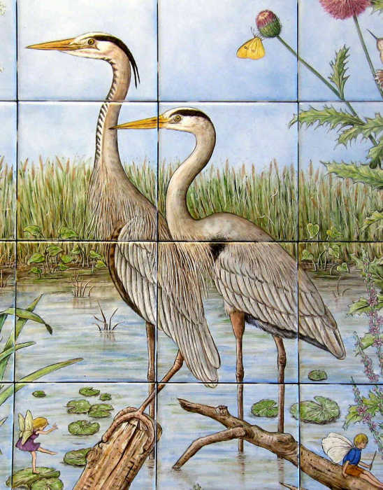 Great Blue Heron Pair, closeup of male and female wading in shallow waters. Artist Julia Sweda.