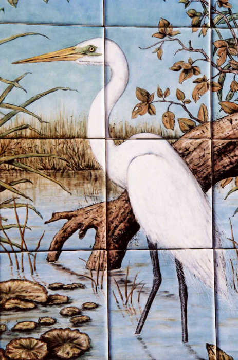 Great White Egret Wildbird Portrait closeup shows the pure white plumage, yellow beak and black legs and feet of the bird. Artist Julia Sweda.