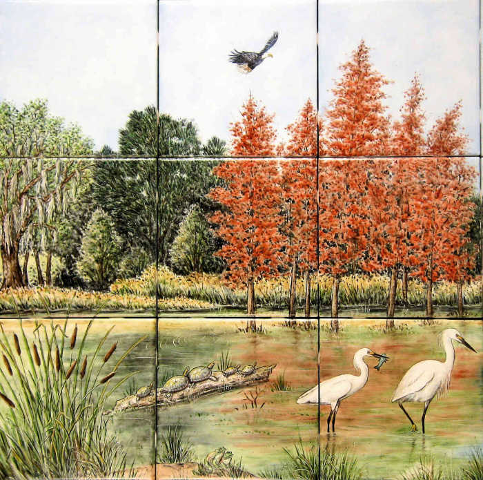 Snowy Egrets Bald Cypress Louisiana Swamp Closeup 1. Male and female snowy egrets, red bald cypress, soaring bald eagle and sunning turtles on log. Artist Julia Sweda.