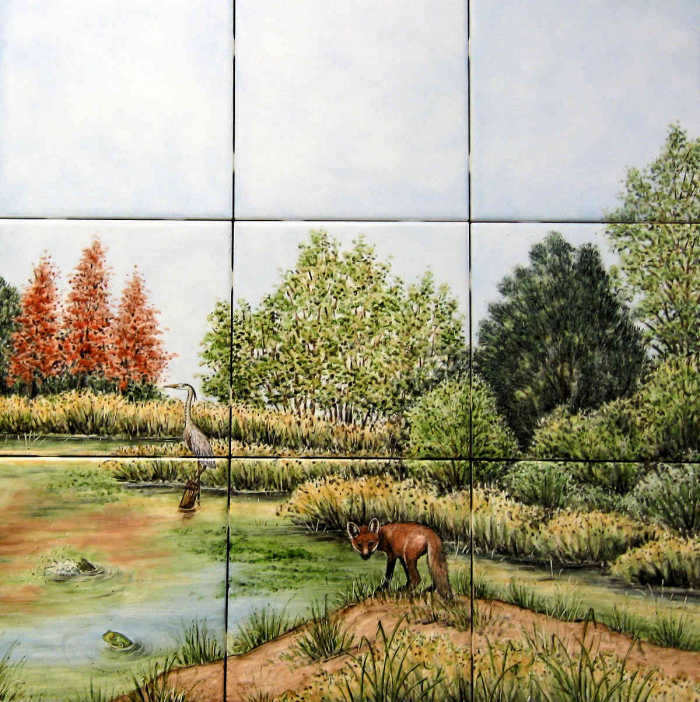 Snowy Egrets Bald Cypress Louisiana Swamp Closeup 2. Red fox, bull frogs and great blue heron. Artist Julia Sweda.