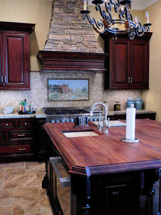Snowy Egrets Bald Cypress Louisiana Swamp, kitchen decor, tile mural with decorative border and stone vent hood. Artist Julia Sweda.