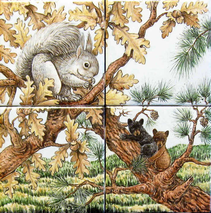 Lighthearted scene with Aberts squirrel, black bear cubs stuck in a pine tree.