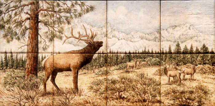 Manashtash Ridge, Washington State Bull Elk with harem. Bull elk calling to his cows. Painted tile mural by artist Julia Sweda.