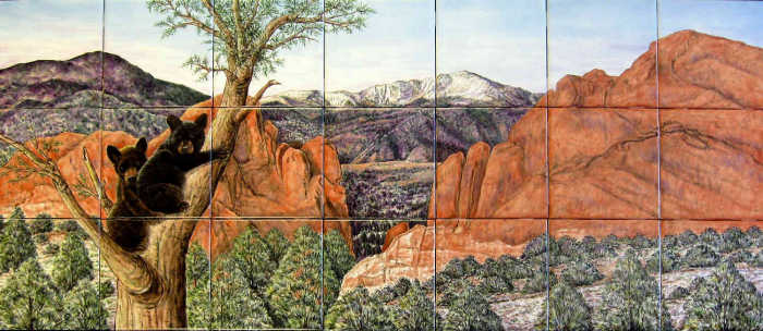 Nature and wildlife scene with black bear cubs in the Garden of the Gods in Colorado Springs, Colorado.