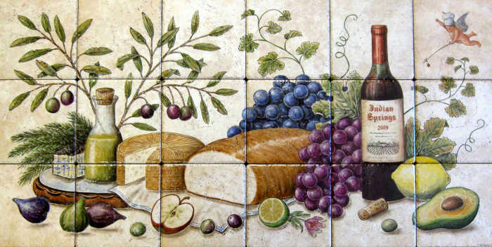 Allisons Greek Cuisine Wine Cheese Bounty, red wine with bread, Manchego and Picon Bejes-Tresviso cheeses, hovering little chef cherub, regional fresh produce. Painted tile mural by Julia Sweda.