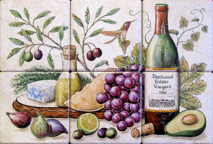 Beechwood Estates Vineyard Greek Cuisine Bounty, red wine, red grapes with Pita bread, Gorgonzola cheese, hovering Ruby-throated hummingbird, fresh fruits. Artist Julia Sweda.