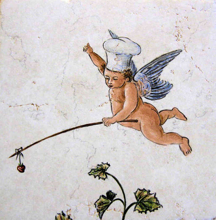 Lyman Vineyard Cherub Chef Greek Bounty, whimsical diminutive winged chef cherub wearing a toque blanche, chefs white hat. Artist Julia Sweda.