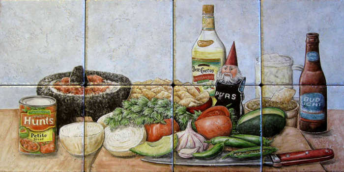 San Antonio style party time foods and drinks, molcajete bowl with salsa, bowl of guacamole, tequila, American beer, chips . Painted tile mural by Julia Sweda.