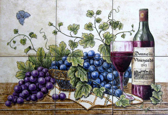 Donelli Vineyards Grapes Wine Art Old World Style Still Life, bottle of red wine with purple and blue grape clusters in decorative wicker basket, hovering Western tailed-blue butterfly. Artist Julia Sweda.